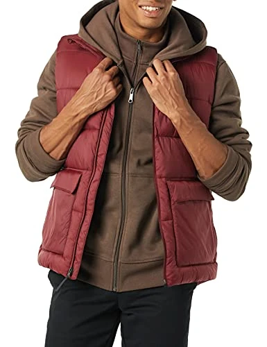 Men's Water-Resistant Sherpa-Lined Puffer Vest, Burgundy, S