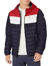 Men's Water Resistant Ultra Loft Filled Hooded Puffer Jacket Down Alternative Coat, Midnight/Ice/Red Flag Colorblock, L Men's Water Resistant Ultra Loft Filled Hooded Puffer Jacket Down Alternative Coat, Midnight/Ice/Red Flag Colorblock, L
