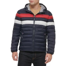 Men's Water Resistant Ultra Loft Filled Hooded Puffer Jacket, Navy/Red, L Men's Water Resistant Ultra Loft Filled Hooded Puffer Jacket, Navy/Red, L