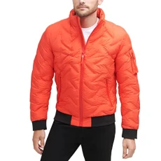 Men's Welded Quilted Bomber Jacket, Orange, S