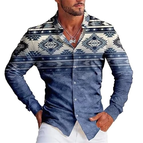 Men's Western Aztec Shirts Retro Printed Long Sleeve Button Down Shirts Casual Stand Collar Beach Ho