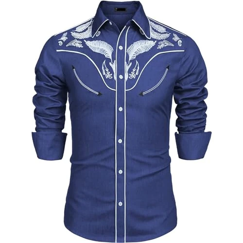 Men's Western Cowboy Shirt Embroidered Long Sleeve Casual Cotton Snap Button Down Shirts with Pocket