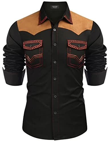 Men's Western Cowboy Shirt Embroidered Long Sleeve Slim Fit Casual Cotton Button Down Hippie Shirts with Pockets, Black, Medium