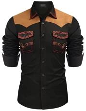 Men's Western Cowboy Shirt Embroidered Long Sleeve Slim Fit Casual Cotton Button Down Hippie Shirts with Pockets, Black, Large