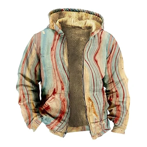 Men's Western Vintage Print Sherpa Fleece Lined Jackets Jackets Y2k Mens Long Sleeve Scrub Top Colorblock Sweatshirt Men Men Golf Jacket with Pocket（2-Multicolor,X-Large）