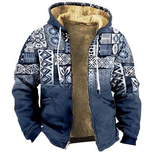 Men's Western Vintage Print Sherpa Fleece Lined Jackets New Hoodies Mens Silk Long Sleeve Shirt Big and Tall Golf Apparel Mens Hoodies 4XL Plus Size（5-Blue,Medium）