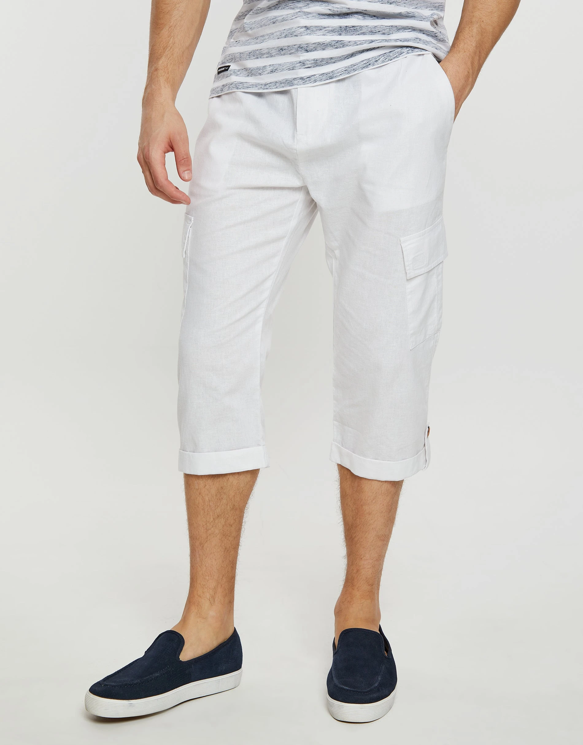 Men's White 3/4 Length Linen Blend Cargo Trousers