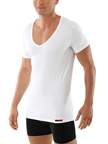 Men’s White Business deep-V Undershirt with Short Sleeves Made of Soft and Light Stretch-Cotton L