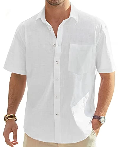 Men's White Cotton Linen Shirt Short Sleeve Lightweight Regular Fit Casual Business Dress Summer Bea