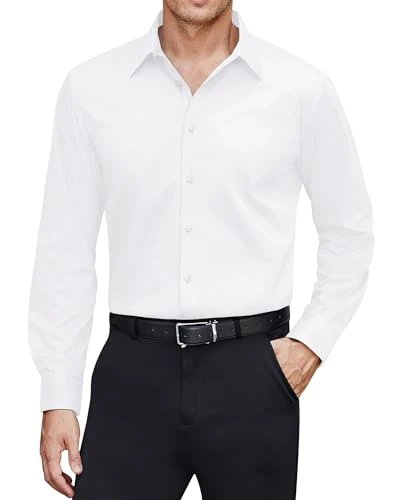 Mens White Dress Shirts Long Sleeve Stain Shield Business Casual Button Down Shirt Slim Fit Stretch 