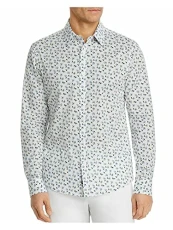 Mens White Floral Long Sleeve Slim Fit Button Down Cotton Shirt L