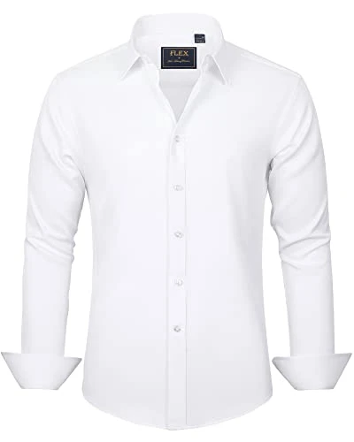 Men's White Formal Dress Shirt Long Sleeve Regular Fit Solid Business Casual Shirt Button Down Weddi