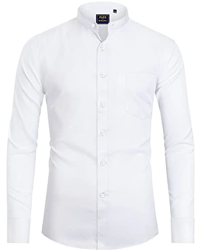 Mens White Grandad Collar Dress Shirt Regular Fit Long Sleeve Casual Non Iron Button Down Banded Col