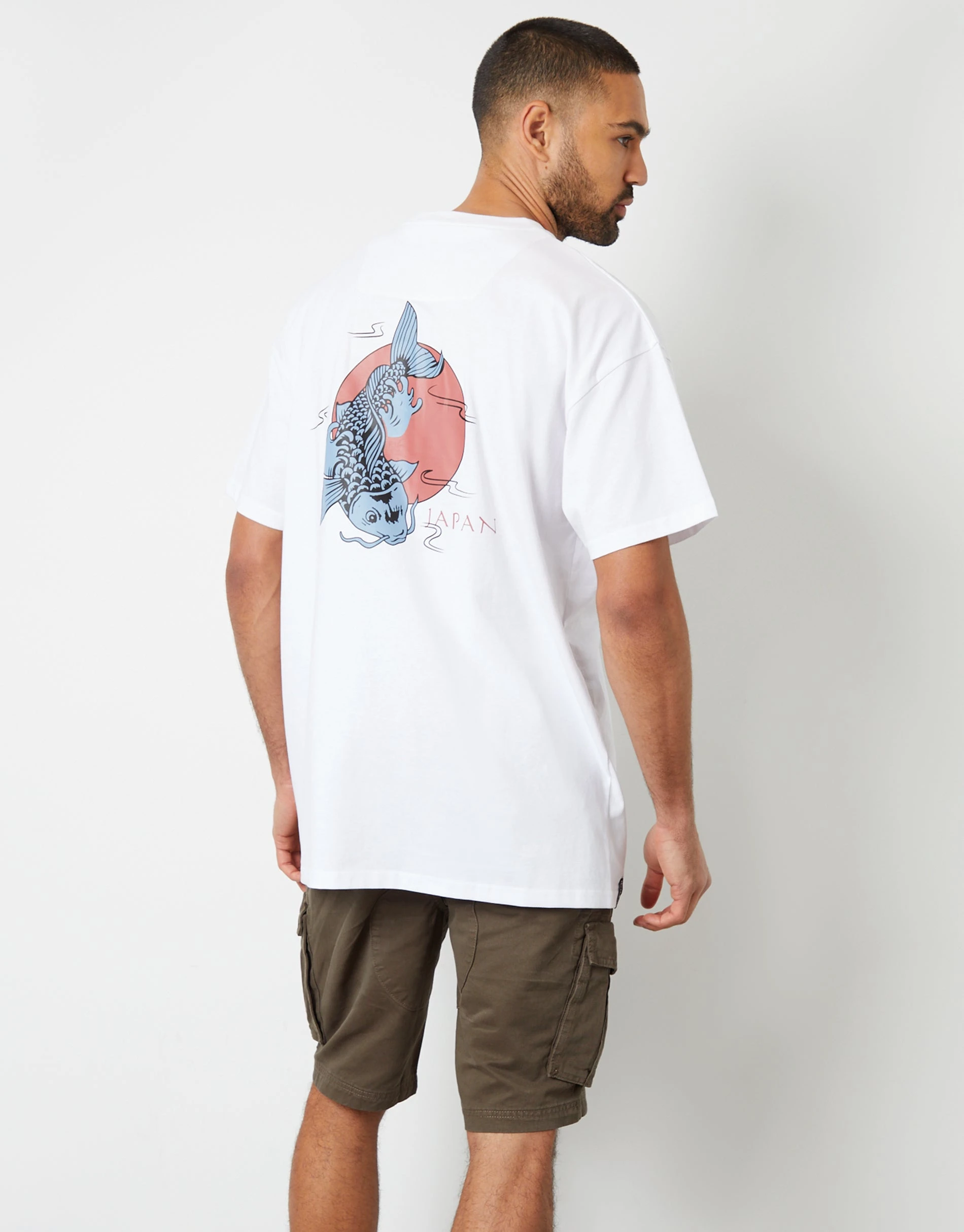 Men's White Koi Fish Graphic Print Oversized T-Shirt