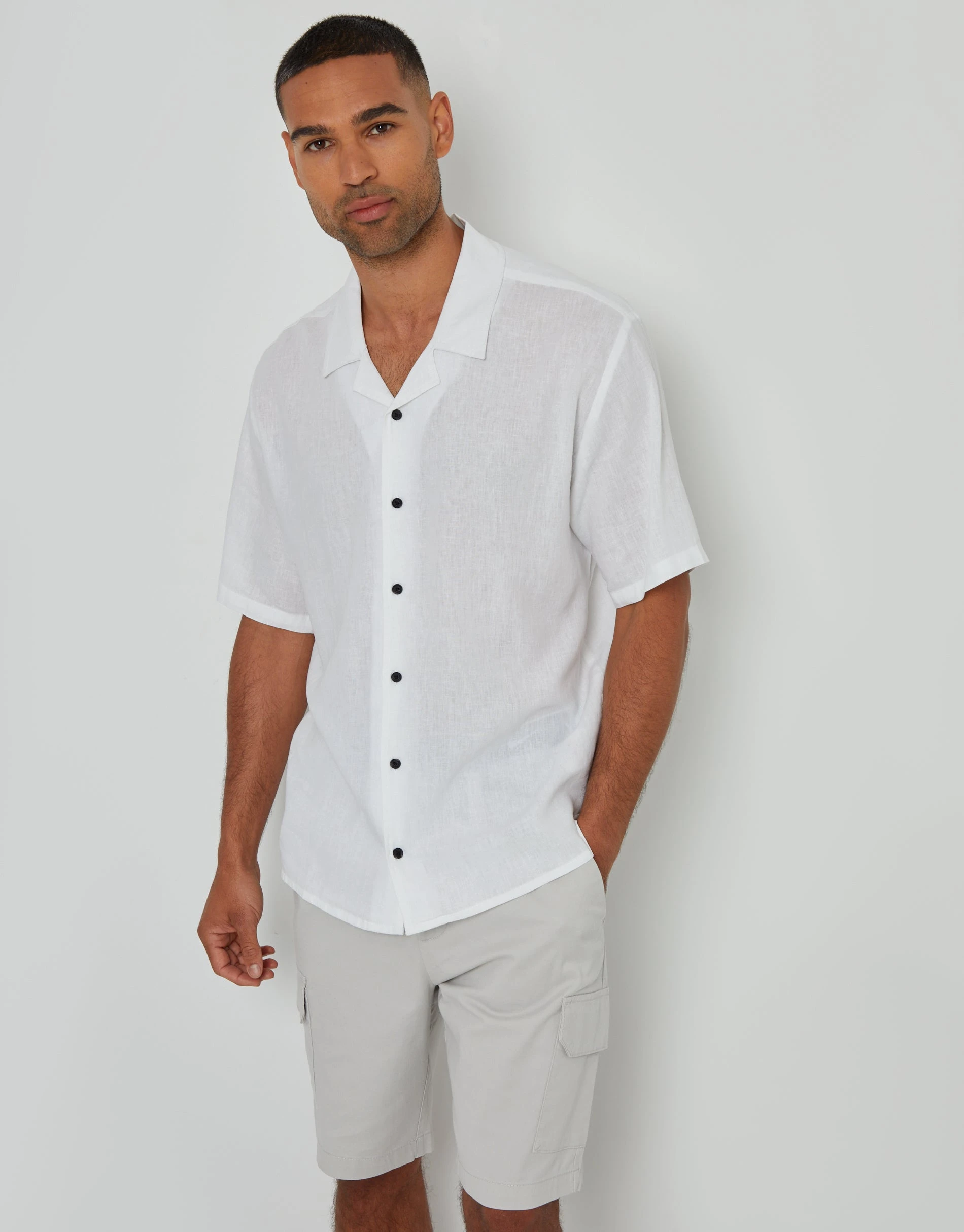 Men's White Linen Blend Revere Collar Short Sleeve Shirt