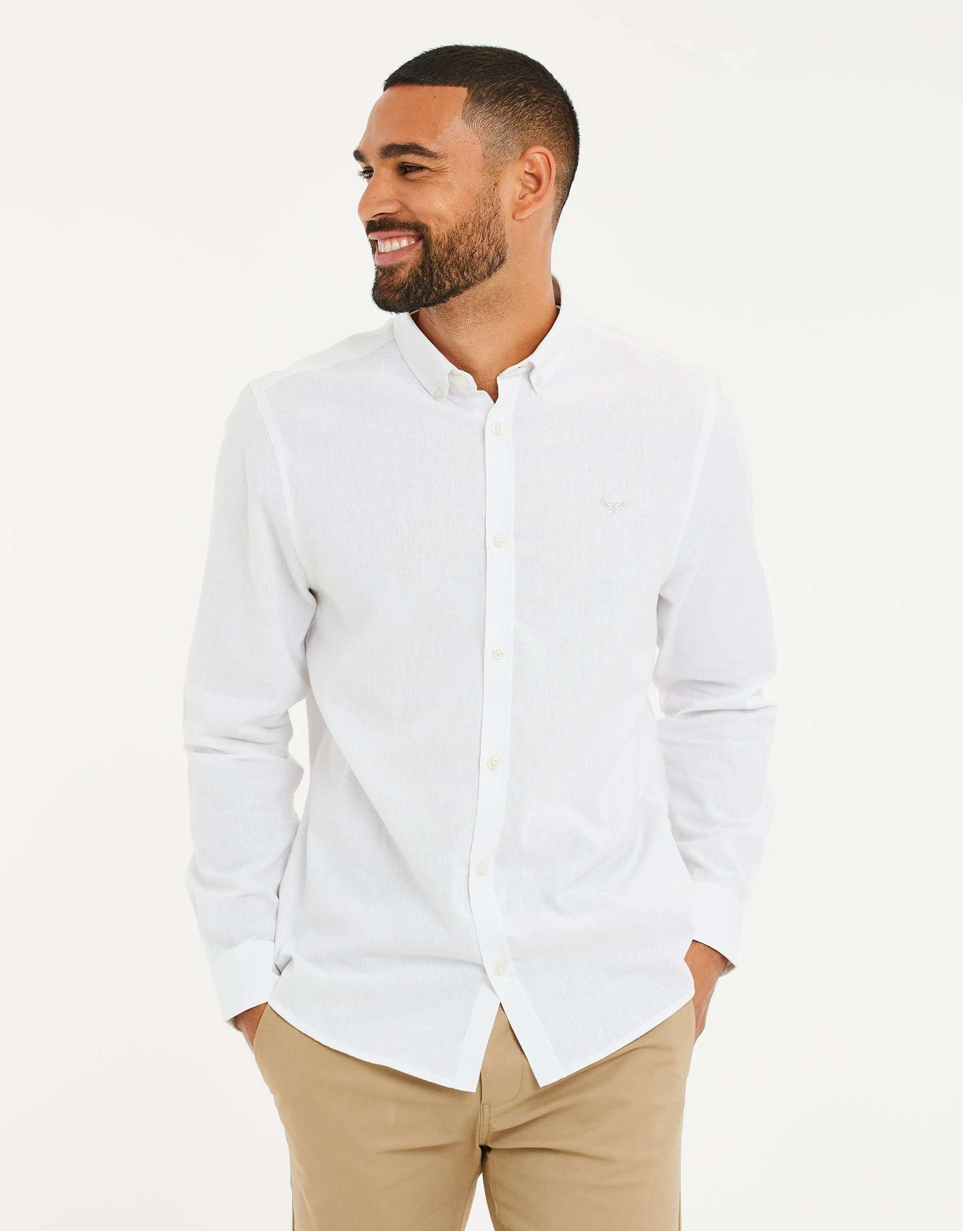 Men's White Long Sleeve Linen Blend Shirt