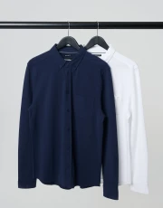 Men's White & Navy Cotton Pique Jersey Long Sleeve Shirts (2 Pack)