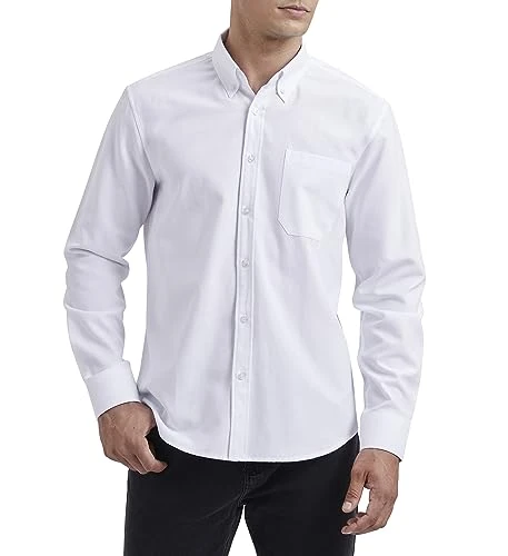 Men's White Oxford Shirt Long Sleeve Casual Plain Button Down Smart Dress Shirts for Men Adult with 