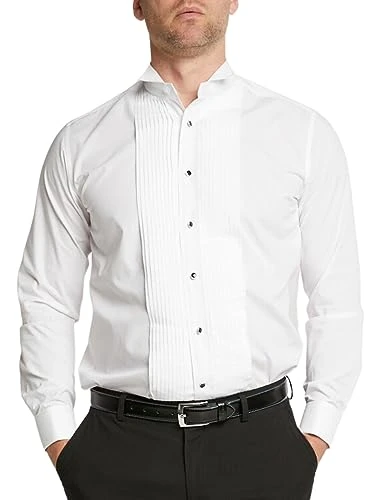 Men's White Tuxedo Dress Shirt Regular Fit Wing Collar Double Cuff Pleat Fly Front Evening Shirt