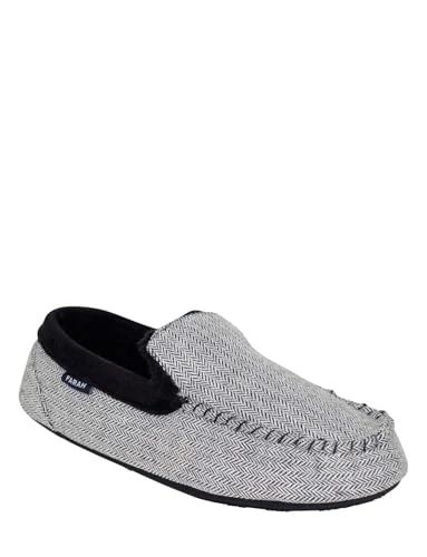 Men's | Wide Fit Fleece Lined Moccasin Slipper | Warm Herringbone Upper with Thermal Fleece Lining | Wide Fit for Comfort | Black