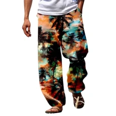 Mens Wide Leg Trousers Stylish Hip Hop Print Pants Baggy Japanese Lounge Pants Summer Beach Trouser Daily Vacation Pant Straight Relaxed Jogging Tracksuit Bottoms Comfy Drawstring Trousers XXXL Gold