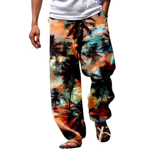 Mens Wide Leg Trousers Stylish Hip Hop Print Pants Baggy Japanese Lounge Pants Summer Beach Trouser Daily Vacation Pant Straight Relaxed Jogging Tracksuit Bottoms Comfy Drawstring Trousers XXXL Gold