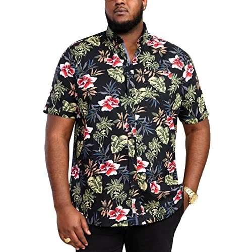 Men's Wilton Hawaiian Printed Button Down Collar Shirt in Black 4XL