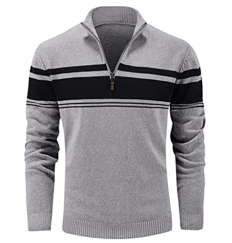 Mens Windproof Golf Jumpers Winter 1/4 Zip Pullover Jumper Long Sleeve Pullover Sweater Striped Cott