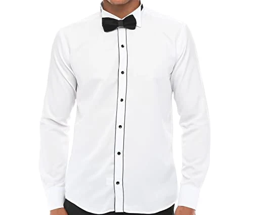 Mens Wing Collar Shirt Tuxedo White Black Piping Double Cuff Dinner Classic - White L