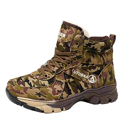 Men's Winter Boots Black Waterproof Men's Lace Up Thick Leather Boots Slip On Trekking Shoes Lace-Up Boots Men's Leather Lambskin Non-Slip Plush Work Boots, camouflage, 10 UK