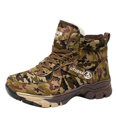 Men's Winter Boots Black Waterproof Men's Lace Up Thick Leather Boots Slip On Trekking Shoes Lace-Up Boots Men's Leather Lambskin Non-Slip Plush Work Boots, camouflage, 10 UK