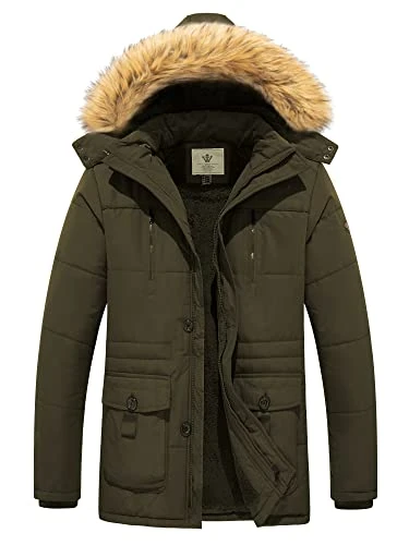 Men's Winter Casual Fleece Coat Classic Cotton Outdoor Jacket Faux Fur Trimmed Hood Coats Mid-Length