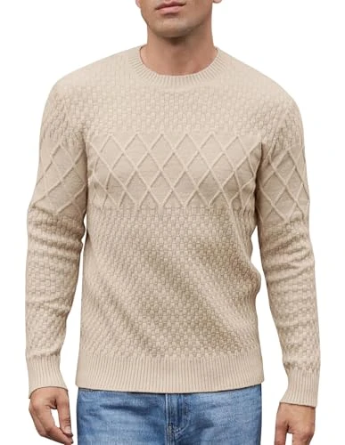 Men's Winter Chunky Fisherman Knit Jumper Crew Neck Regular Fit Cable Jumpers Sweater Beige L