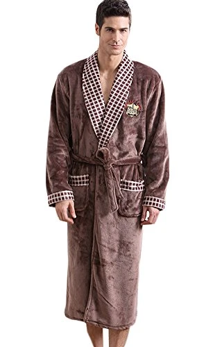 Men's Winter Dressing Gown Warm Fleece Sponge Kimono Dressing Gown Brown