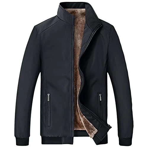 Mens Winter Fleece Jackets Warm Stand Collar Full Zip Fluffy Jackets with Zipper Pockets Black M