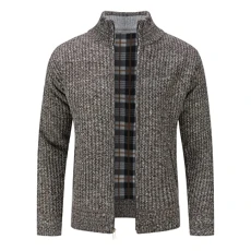 Men's Winter Fleece Lined Cardigan Full Zipper Stand Collar Cardigan Thick Jumper Sweater Coffee XXL