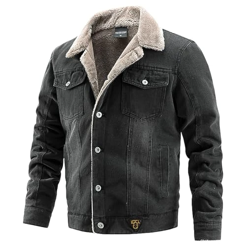 Mens Winter Fleece Lined Denim Jacket with Fur Collar Warm Fluffy Trucker Jeans Jacket with Pockets Black L