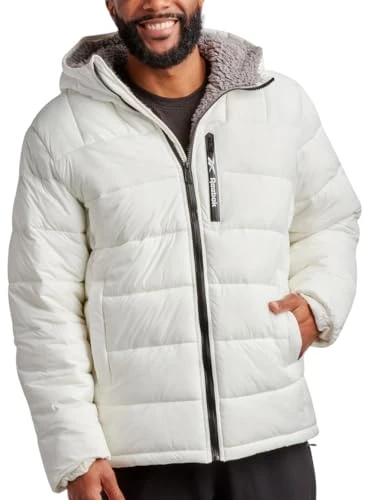Mens Winter Jacket - Heavyweight Quilted Puffer Parka Coat - Insulated Sherpa Lined Outerwear Jacket for Men, M-XXL, White/Steel Grey, X-Large