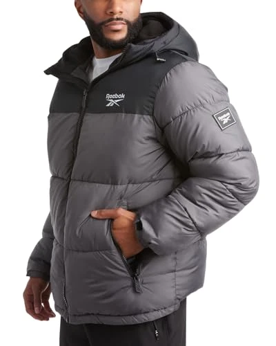 Men's Winter Jacket - Heavyweight Quilted Puffer Parka Coat - Weather Resistant Ski Jacket for Men (8-20), Black/Charcoal, Large