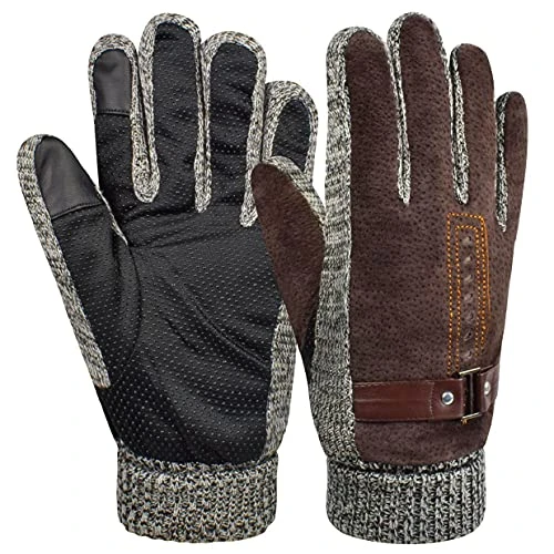 Men's Winter Leather Gloves Thick Warm Fleece Windproof Gloves Cold Proof Mittens for Driving Cycling Motorcycle Camping (Brown)