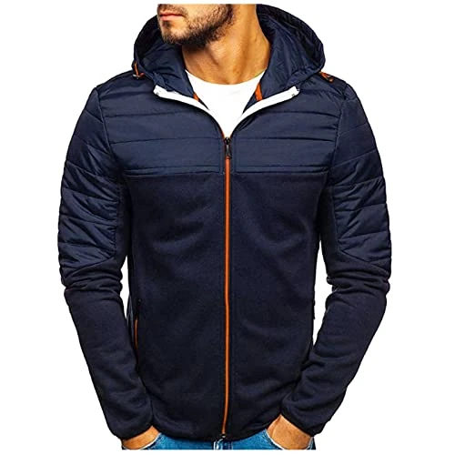Men's Winter Leisure Sports Without Liner Quilted Zip Hooded Transition Jacket Hoodie Men's Zip, navy, L
