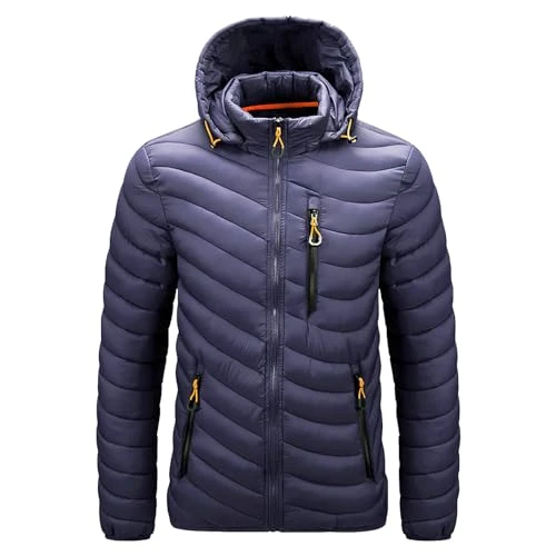 Mens Winter Lightweight Puffer Jacket Outdoor Warm Quilted Padded Jacket with Detachable Hood & Zip Pockets Navy Blue S