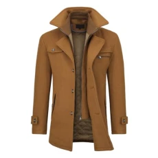 Mens Winter Padded Coat Wool Trench Overcoat Mid Length Coat Jacket Casual Slim Fit Coat Jacket Khaki M