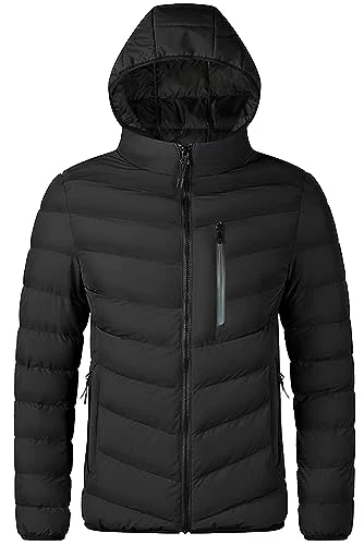 Mens Winter Padded Down Jacket Windproof Quilted Warm Coat with Hood Lightweight Puffer Outerwear B-Black XS
