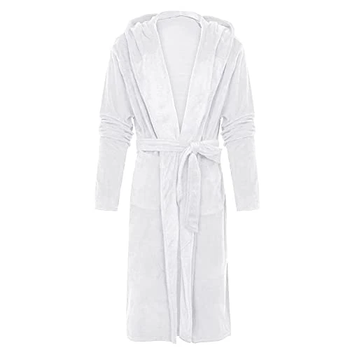 Men's Winter Plush Bathrobe Long Hooded Long Sleeve Casual Sleeping Robes Rhombus, white, 5XL