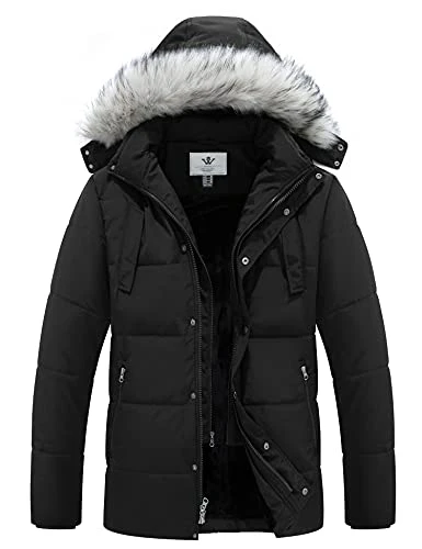 Men's Winter Puffer Coat Thicken Cotton Outdoor Winter Warm Windproof Padded Jacket with Hood Black 