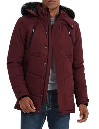 Men's Winter Warm Jacket Hooded Mountain Parka with Faux Fur Red XL