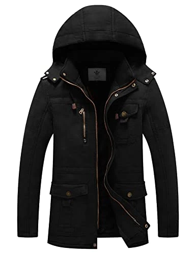 Men’s Winter Warm Parka Jacket Thickened Fleeced Lining Coat Windprooof Hooded Jackets Quilted Cotton Padding Mid-Length Casual Outerwear Coats Black XL