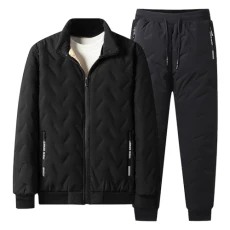 Mens Winter Warm Quilted Fleece Lined Tracksuit Set Full Zip Fleece Jacket and Sweatpants with Zip Pockets Black XL