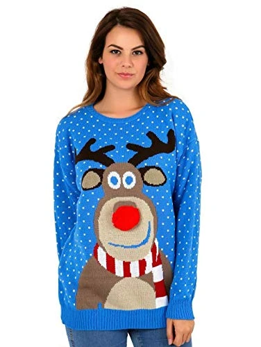 Mens Womens 3D Rudolph Reindeer Elf Novelty Xmas Sweater Jumper Knitted Top (L, Blue POM POM Nose)